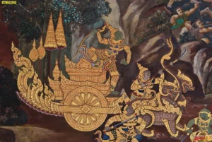 วอลเปเปอร์ผ้าสั่งพิมพ์ลายไทยมงคลสำหรับติดผนังลายยักษ์สีเขียวบนรถศึกพื้นหลังสีน้ำตาลเข้มเหมาะสำหรับตกแต่งห้องปฏิบัติธรรม