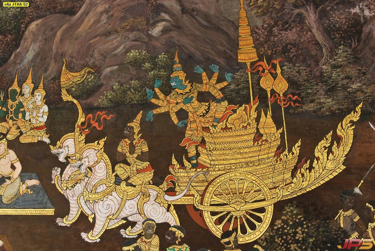 รูปติดผนังห้องพระลายไทยสีทองพื้นน้ำตาลภาพพระนารายณ์ทรงอสูรบนรถศึกลวดลายกนกอ่อนช้อยเพิ่มความศักดิ์สิทธิ์ให้กับพื้นที่