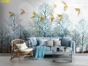 สติ๊กเกอร์ติดกระจกฝ้าลายต้นไม้มงคลนกสีทองบนพื้นหลังสีเทาอ่อนสไตล์มินิมอลโมเดิร์นช่วยกรองแสงและเสริมโชคลาภตามหลักฮวงจุ้ยสมัยใหม่