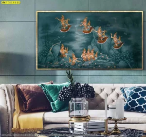 ภาพศิลปะไทยตกแต่งห้องนั่งเล่นสไตล์หรูหราโทนสีเขียวเข้มเน้นลายไทยร่วมสมัยมินิมอลให้ความรู้สึกนิ่งและสงบอย่างมีระดับ