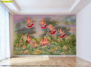 วอลเปเปอร์ลายเทวดานางฟ้าสีพาสเทลขนาดใหญ่เต็มผนังห้องนั่งเล่นโปร่งแสงเข้ากับพื้นไม้และดีไซน์มินิมอลได้อย่างลงตัวที่สุด