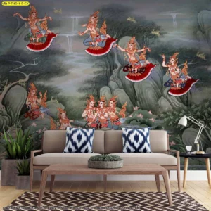 วอลเปเปอร์ลายไทยป่าหิมพานต์สั่งพิมพ์โทนสีอบอุ่นตกแต่งหลังโซฟาห้องรับแขกช่วยยกระดับสถาปัตยกรรมภายในให้ดูหรูหรา