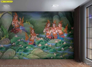 วอลเปเปอร์ลายป่าหิมพานต์เน้นลายกนกและกินรีสีทองอร่ามตกแต่งห้องนอนช่วยเพิ่มความเป็นมงคลและความสง่างามให้พื้นที่พักผ่อน