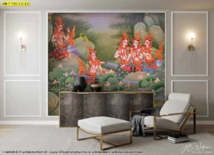 วอลเปเปอร์ลายเทวดานางฟ้าสีพาสเทลบนผนังห้องนั่งเล่นโทนสีเทาช่วยให้การแต่งบ้านดูมินิมอลแต่ยังแฝงด้วยกลิ่นอายศิลปะไทย