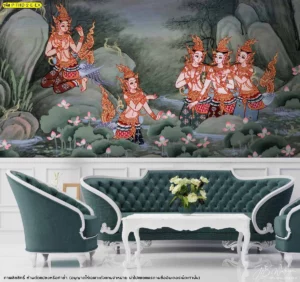 ภาพศิลปะไทยตกแต่งห้องนั่งเล่นที่เน้นความวิจิตรของลายเส้นป่าหิมพานต์แบบหน้ากว้างช่วยทำให้พื้นที่ดูโอ่โถงและอลังการ