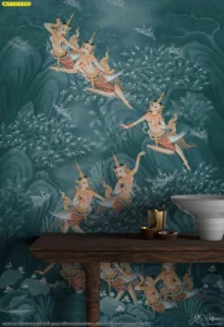 วอลเปเปอร์ลายไทยโมเดิร์นสีพื้นเข้มโทนสีน้ำเงินเขียวพรีเมียมตกแต่งเหนือโต๊ะไม้สร้างบรรยากาศที่สุขุมและดูหรูหราน่าค้นหา