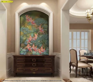 ภาพศิลปะไทยตกแต่งผนังห้องโถงในกรอบซุ้มโค้งสวยงามช่วยยกระดับทางเดินในบ้านให้ดูเหมือนแกลเลอรีงานศิลปะชั้นสูงระดับโรงแรม