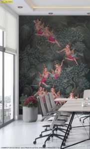 ภาพวาดป่าหิมพานต์สีโทนเย็นสีเทาเข้มขนาดใหญ่ติดตั้งในห้องประชุมช่วยสร้างสมาธิและความภูมิฐานให้กับสถานที่ทำงานสมัยใหม่