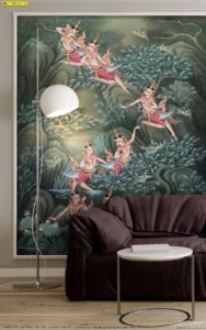 วอลเปเปอร์ลายไทยป่าหิมพานต์เฉดสีเขียวเข้มติดตั้งหลังโซฟาในห้องนั่งเล่นช่วยสร้างจุดนำสายตาที่สวยงามและดูผ่อนคลายสบายตา