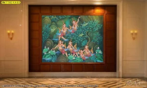 วอลเปเปอร์ลายกินรีเล่นน้ำในสระอโนดาตประดับบนผนังไม้ตกแต่งห้องโถงขนาดใหญ่ให้ความรู้สึกมั่งคั่งและเปี่ยมด้วยวัฒนธรรมไทย