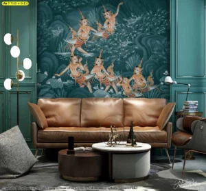 วอลเปเปอร์ลายไทยโมเดิร์นสีพื้นเข้มโทนเขียวมรกตเข้าคู่กับโซฟาหนังสีน้ำตาลช่วยเปลี่ยนห้องรับแขกธรรมดาให้ดูเรียบหรูคลาสสิก