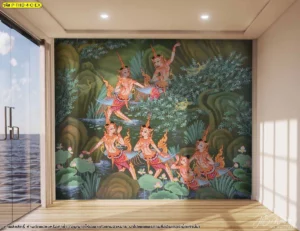 วอลเปเปอร์ลายไทยสั่งทำตามขนาดลายป่าหิมพานต์ติดตั้งบนผนังสูงติดริมหน้าต่างรับแสงธรรมชาติสร้างความสว่างไสวให้กับพื้นที่