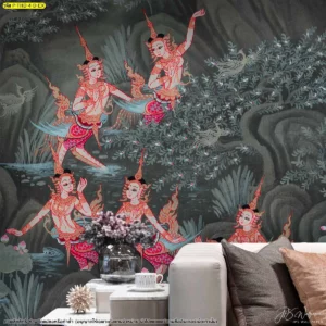 ภาพวาดป่าหิมพานต์สีโทนเย็นบนวอลเปเปอร์คุณภาพสูงที่โชว์ลายเส้นกนกและการลงสีที่ประณีตงดงามเหมาะกับการตกแต่งภายใน