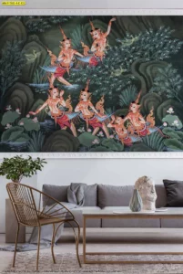 วอลเปเปอร์ลายกินรีเล่นน้ำติดตั้งเหนือโซฟาสีเทาในห้องพักสไตล์โมเดิร์นผสมผสานความเป็นไทยและความทันสมัยได้อย่างลงตัวที่สุด