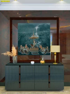 ภาพวาดรจนาชมสวนโทนสีครามติดตั้งเป็นฉากหลังตู้วางของไม้ช่วยขับเน้นความสวยงามของงานศิลปะไทยร่วมสมัยให้เข้ากับเฟอร์นิเจอร์สมัยใหม่ได้อย่างลงตัว