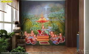 ตกแต่งมุมพักผ่อนริมหน้าต่างด้วยวอลเปเปอร์ลายไทยรจนาชมสวนโทนสีธรรมชาติเข้าคู่กับน้ำตกจำลองสร้างความร่มรื่นและเย็นสบายให้พื้นที่ตกแต่งภายใน