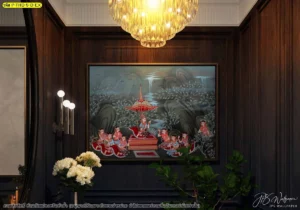 ภาพวรรณคดีไทยตกแต่งห้องรับแขกหรูพื้นหลังผนังไม้สีเข้มช่วยเสริมให้ลวดลายสีทองและตัวละครในภาพรจนาชมสวนดูมีมิติและทรงพลังอย่างสง่างาม