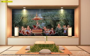 ห้องนั่งเล่นสไตล์เซนตกแต่งด้วยวอลเปเปอร์ลายรจนาชมสวนในช่องผนังแบบ Built-in พร้อมแสงไฟ Warm White ช่วยสร้างบรรยากาศผ่อนคลายและดูอบอุ่น