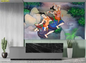 ภาพป่าหิมพานต์ติดผนังออฟฟิศบริเวณโถงทางเดินช่วยสร้างบรรยากาศที่ผ่อนคลายและดูเป็นมืออาชีพด้วยลายเส้นศิลปะไทยที่ประณีตงดงาม