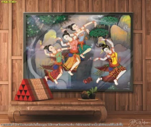 วอลเปเปอร์ลายไทยป่าหิมพานต์ภาพนางฟ้าอัปสรร่ายรำใส่กรอบไม้ติดผนังช่วยเพิ่มความหรูหราแบบศิลปะไทยประยุกต์ให้กับห้องนั่งเล่นของคุณได้อย่างลงตัว