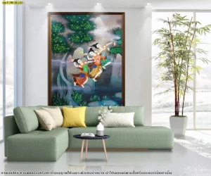 วอลเปเปอร์นางอัปสรร่ายรำในป่าหิมพานต์ใส่กรอบตกแต่งห้องรับแขกสไตล์โมเดิร์นช่วยเพิ่มความสว่างและความสวยงามให้พื้นที่พักผ่อน