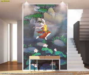 ภาพติดผนังลายไทยตกแต่งบริเวณบันไดบ้านด้วยลายป่าหิมพานต์และดอกบัวมงคลสั่งพิมพ์ตามขนาดพื้นที่เพื่อความสมบูรณ์แบบในการติดตั้ง