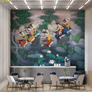 วอลเปเปอร์ลายศิลปะไทยสั่งพิมพ์ตามขนาดติดตั้งในโซนร้านกาแฟหรือห้องอาหารช่วยสร้างจุดเด่นที่น่าประทับใจด้วยลายป่าหิมพานต์
