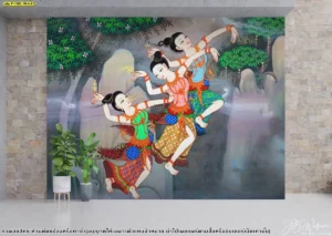 วอลเปเปอร์ศิลปะไทยลายป่าหิมพานต์สีพาสเทลตกแต่งผนังหินทรายช่วยสร้างความลงตัวระหว่างความทันสมัยและศิลปกรรมไทยได้อย่างน่าอัศจรรย์