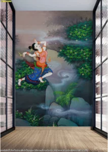 ภาพป่าหิมพานต์ติดผนังคอนโดขนาดสูงโปร่งช่วยสร้างมิติและความรู้สึกเหมือนได้พักผ่อนท่ามกลางธรรมชาติในเทพนิยายไทยที่สวยงาม