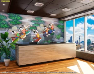 วอลเปเปอร์ศิลปะไทยลายป่าหิมพานต์สั่งผลิตพิเศษติดผนังออฟฟิศวิวเมืองช่วยสร้างความเปรียบต่างที่โดดเด่นระหว่างโลกยุคใหม่และศิลปะโบราณ