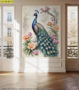 ไอเดียตกแต่งผนังห้องด้วยวอลเปเปอร์นกยูงยืนสง่าบนโขดหินท่ามกลางดอกไม้สีหวานช่วยเสริมบรรยากาศห้องรับแขกให้ดูอ่อนโยนและหรูหรา