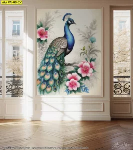 ภาพวอลเปเปอร์นกยูงหันข้างโชว์หางยาวสวยงามคู่กับดอกชบาชมพูตกแต่งผนังบ้านสไตล์วินเทจช่วยเสริมเสน่ห์และดึงดูดพลังงานบวกเข้าสู่ตัวบ้าน