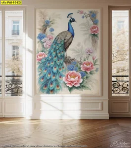 วอลเปเปอร์นกยูงรำแพนหางสีเขียวมรกตบนกิ่งไม้พร้อมดอกโบตั๋นหลากสีช่วยเสริมฮวงจุ้ยด้านโชคลาภและอำนาจบารมีให้กับเจ้าของธุรกิจ