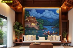 วอลเปเปอร์ลายไทยประเพณีลอยกระทงภาพเรือพายในแม่น้ำท่ามกลางบรรยากาศคืนเดือนเพ็ญสำหรับตกแต่งห้องรับแขกสไตล์ไทย