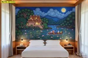 วอลเปเปอร์ประเพณีลอยกระทงภาพวิวแม่น้ำยามค่ำคืนและพระจันทร์เต็มดวงตกแต่งหัวเตียงห้องนอนเพื่อความผ่อนคลาย