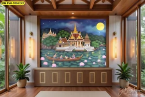 ภาพศิลปะไทยตกแต่งผนังห้องพักโรงแรมลายประเพณีไทยลอยกระทงยามค่ำคืนเหนือตู้คอนโซลไม้ช่วยสร้างเอกลักษณ์และเพิ่มมูลค่าให้พื้นที่ธุรกิจสไตล์โมเดิร์น
