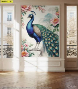 ภาพพิมพ์วอลเปเปอร์นกยูงสีน้ำเงินเข้มหางยาวสวยงามเกาะกิ่งไม้ใหญ่สื่อถึงความมั่นคงและความเจริญก้าวหน้าเหมาะสำหรับติดห้องทำงานหรือห้องโถง