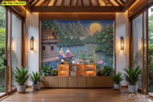 รูปติดผนังลายไทยร่วมสมัยโทนสีอบอุ่นรูปประเพณีลอยกระทงติดผนังห้องนั่งเล่นช่วยเพิ่มความหรูหราให้กับบ้าน