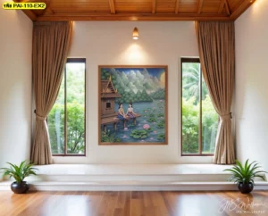 วอลเปเปอร์ภาพวาดลายไทยวิถีชีวิตริมน้ำสวยงามติดตั้งในกรอบไม้หรูหราสำหรับตกแต่งผนังอาคารสำนักงานหรือโถงต้อนรับอย่างมีสไตล์