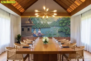 วอลเปเปอร์ลายไทยลอยกระทงแต่งร้านอาหารบนผนังขนาดใหญ่เสริมบรรยากาศห้องจัดเลี้ยงให้ดูหรูหราพรีเมียมและมีระดับยิ่งขึ้น