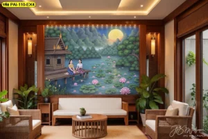 วอลเปเปอร์สั่งพิมพ์ลายประเพณีไทยตกแต่งห้องรับแขกขนาดใหญ่สร้างบรรยากาศงานเฉลิมฉลองริมน้ำที่ประณีตงดงาม