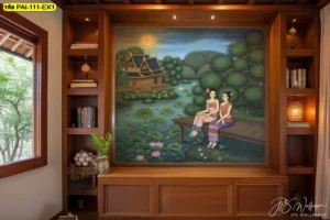 ภาพศิลปะไทยวิวพระจันทร์เต็มดวงริมน้ำโทนสีทองและน้ำเงินติดตั้งในตู้โชว์บิวท์อินไม้เสริมความภูมิฐานให้ห้องทำงาน