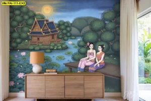 ภาพวิวแม่น้ำวิถีชีวิตไทยตกแต่งผนังห้องนั่งเล่นสีขาวสะอาดตาให้ความรู้สึกสงบสว่างด้วยลวดลายศิลปะไทยแบบร่วมสมัย