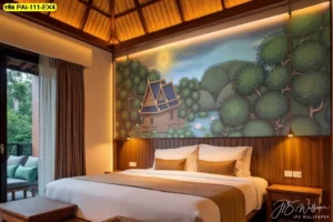 วอลเปเปอร์ลายไทยประเพณีลอยกระทงติดตั้งเป็นภาพหัวเตียงในห้องพักโรงแรมช่วยยกระดับความหรูหราด้วยลวดลายจิตรกรรมอันประณีต