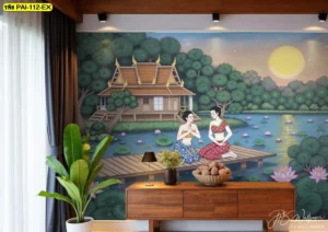 วอลเปเปอร์ลายลอยกระทงแบบพาโนรามาพิมพ์ลายลงบนสติ๊กเกอร์ 3M ติดผนังร้านอาหารไทยสร้างเอกลักษณ์ที่โดดเด่น