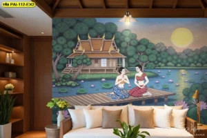 รูปภาพติดผนังลายไทยประเพณีริมน้ำติดตั้งในห้องพักสไตล์รีสอร์ทหรูช่วยยกระดับสถาปัตยกรรมภายในให้น่าประทับใจ