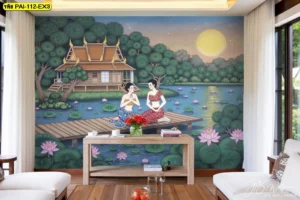 ภาพศิลปะไทยวิถีชีวิตริมน้ำขนาดใหญ่ประดับห้องนั่งเล่นโทนสีสว่างช่วยทำให้บ้านดูมีมิติและสะท้อนรสนิยมอันเลอค่า