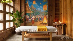 วอลเปเปอร์ลายไทยโมเดิร์นสำหรับสปาลายประเพณีลอยกระทงและโคมยี่เป็งสร้างบรรยากาศการพักผ่อนในห้องนวดสปาสุดผ่อนคลาย