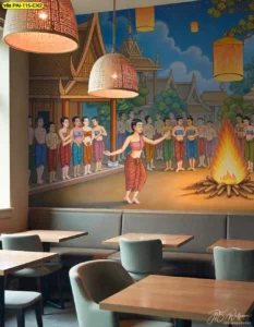 สติ๊กเกอร์ติดกระจกลายไทยประเพณีลอยกระทงและงานจิตรกรรมฝาผนังภายในร้านอาหารช่วยสร้างเอกลักษณ์ให้แบรนด์ดูโดดเด่นน่าสนใจ