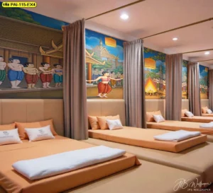 ตกแต่งห้องสปาด้วยวอลเปเปอร์ลายประเพณีไทยประยุกต์ร่วมกับการคุมโทนสีธรรมชาติ สร้างความรู้สึกสงบเงียบผ่อนคลายแบบไทยพรีเมียม